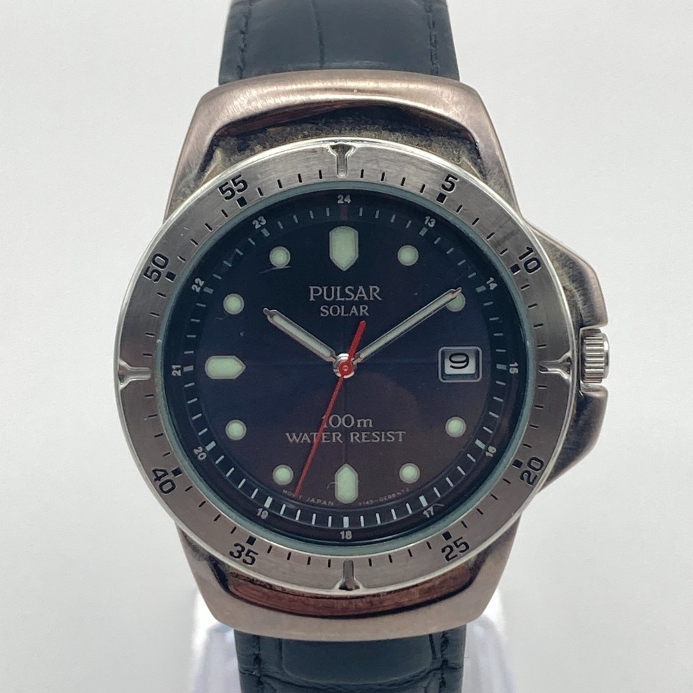 Seiko Pulsar Solar Watch Men 36mm Silver Tone Blue Dial Date Diver V145-0C30 9"